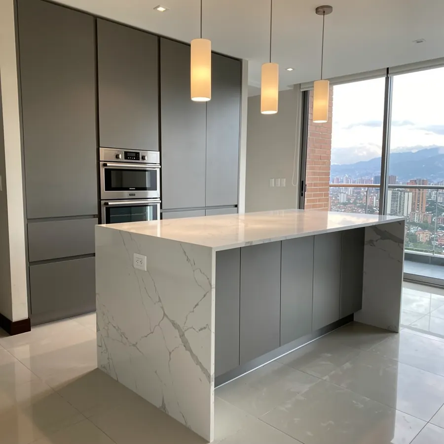 Cocina abierta con mesón de cuarzo blanco