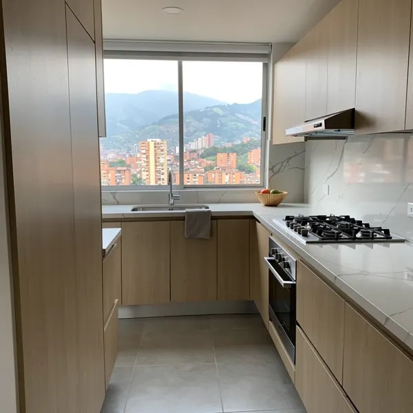 Cocina integral remodelada en apartamento de Medellín