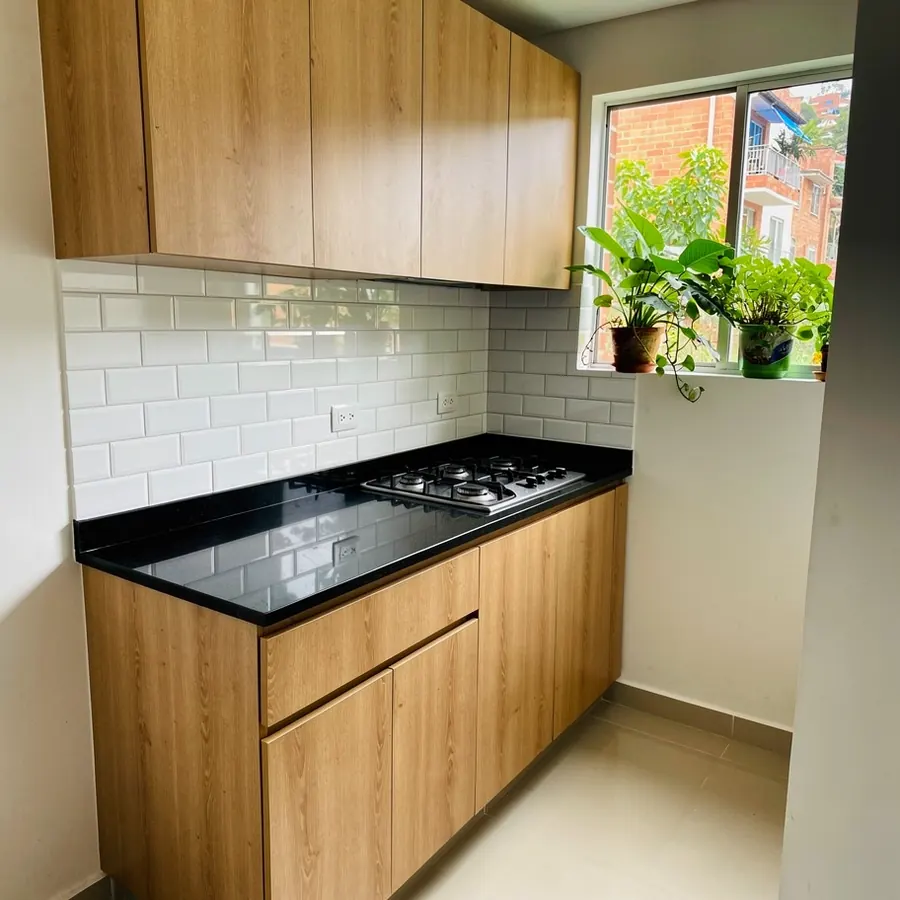 Cocina pequeña lineal remodelada en apartamento