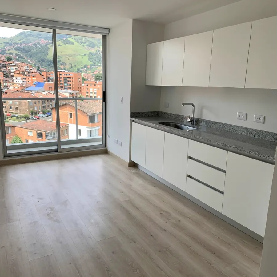 Cocina y sala terminadas en apartamento nuevo
